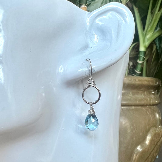 Sky Blue Topaz & Sterling Silver Halo Drop Earrings