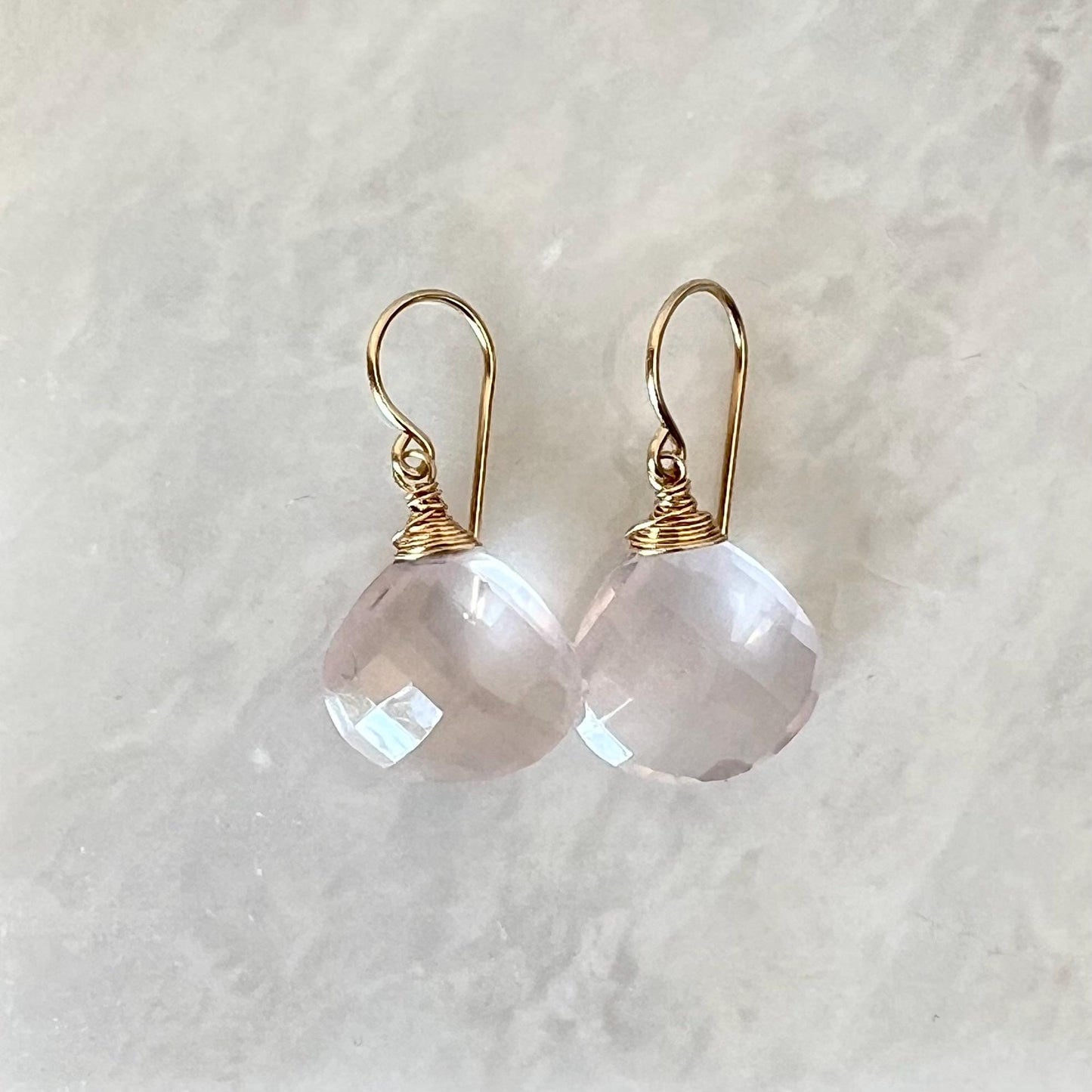 Large rose quartz briolettes on 14K gold-filled lever-back ear wires