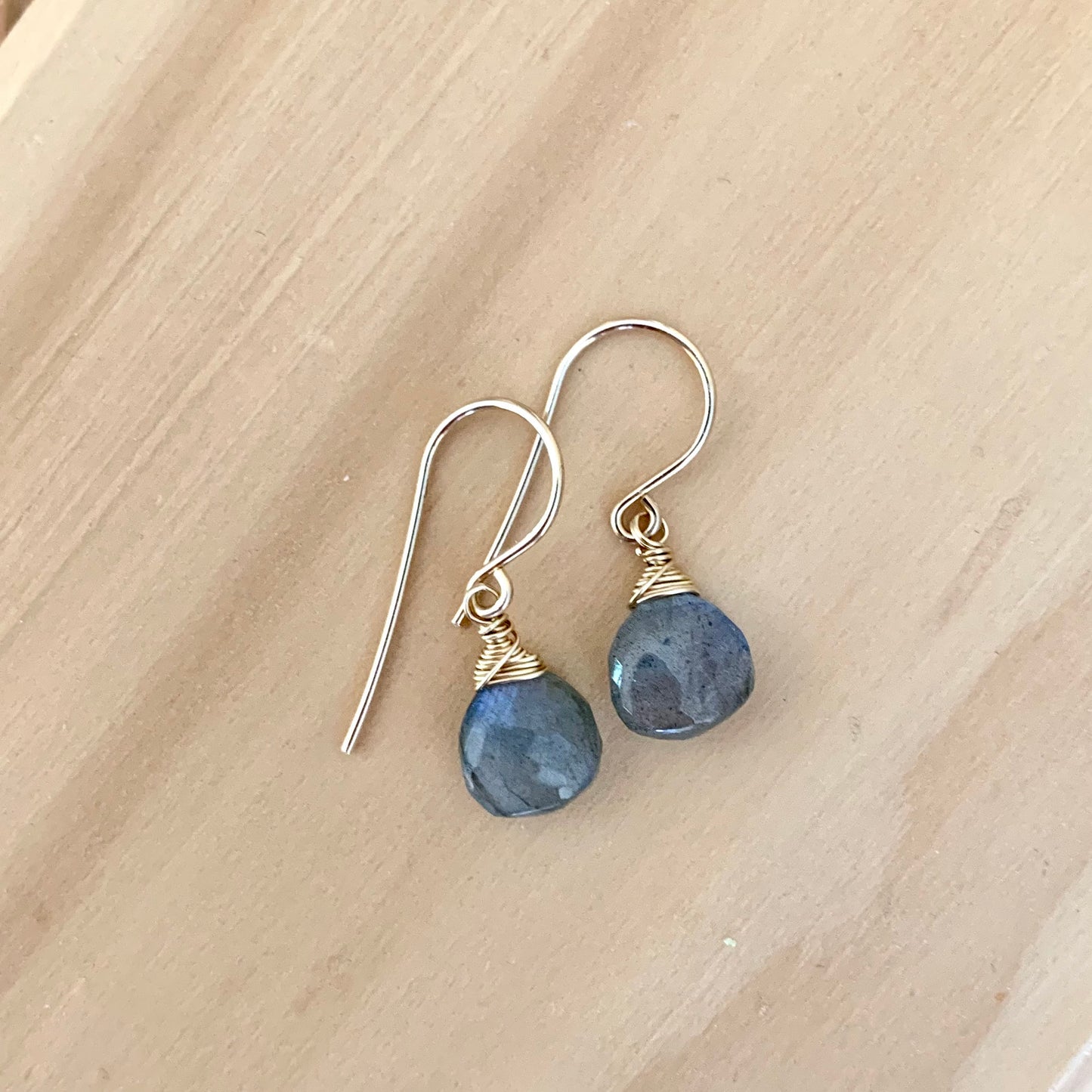 Dainty Labradorite Heart Earrings in Gold Fill