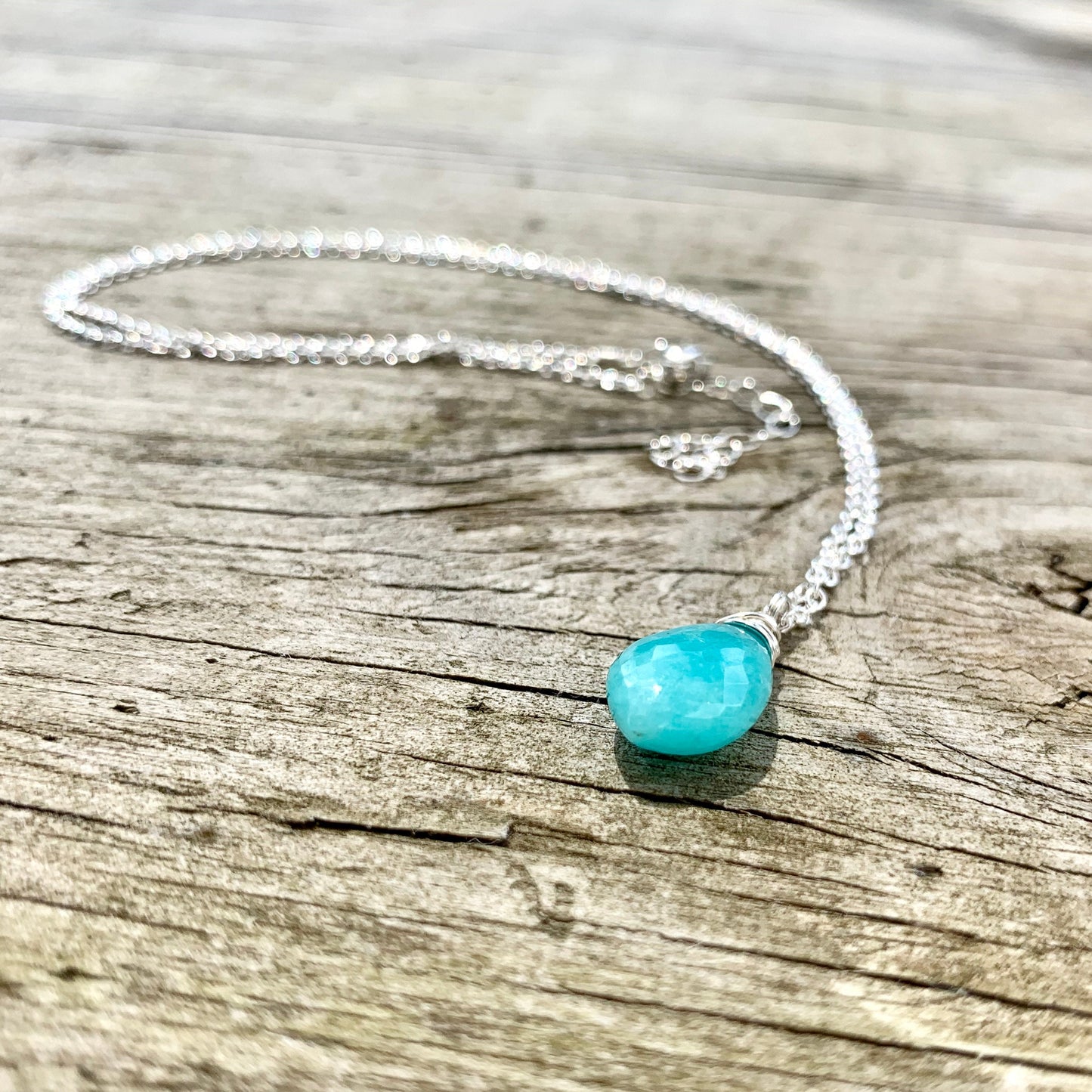 Amazonite bright teal gemstone pendant on sterling silver