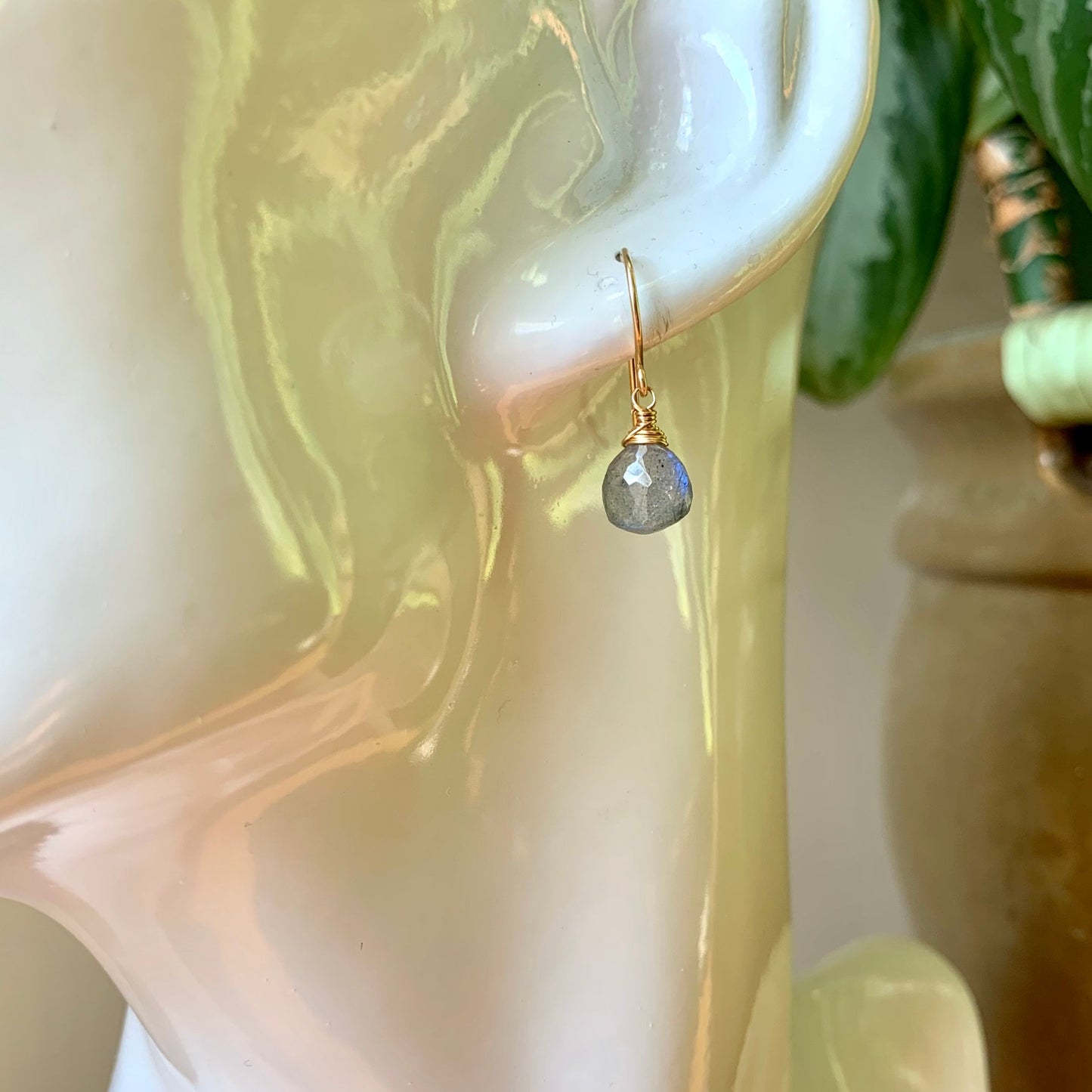 Dainty Labradorite Heart Earrings in Gold Fill