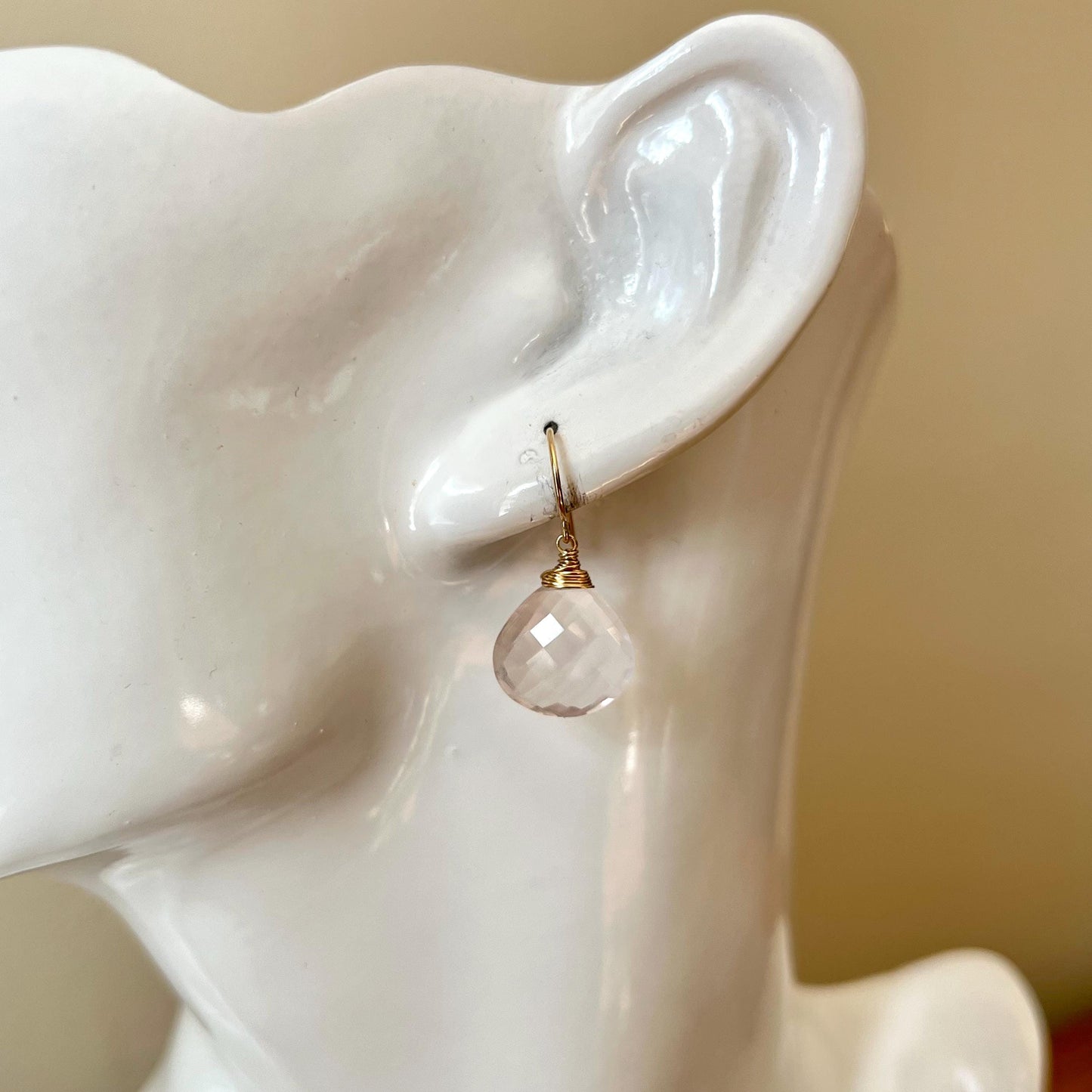 Large rose quartz briolettes on 14K gold-filled lever-back ear wires