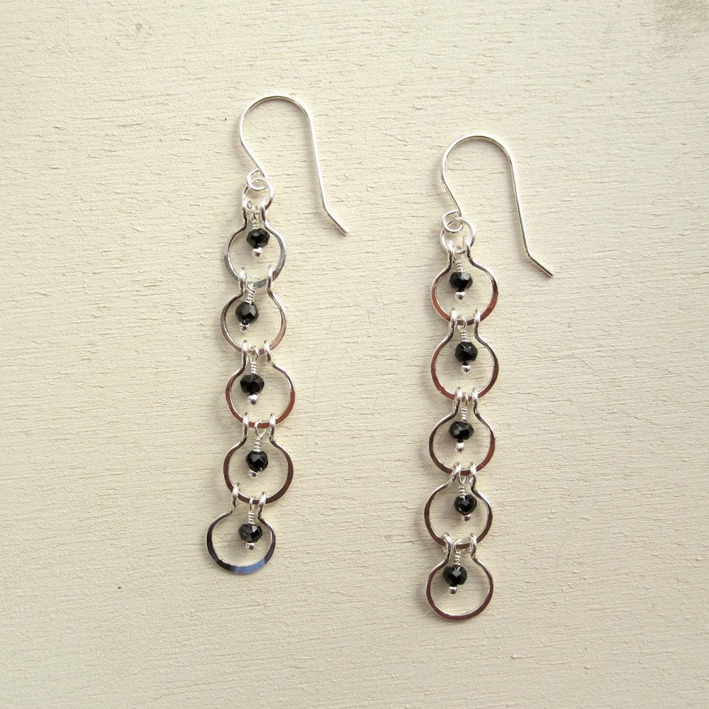 Handcrafted Sterling Silver 5-Tier Geometric Dangle Earrings with Black Spinel
