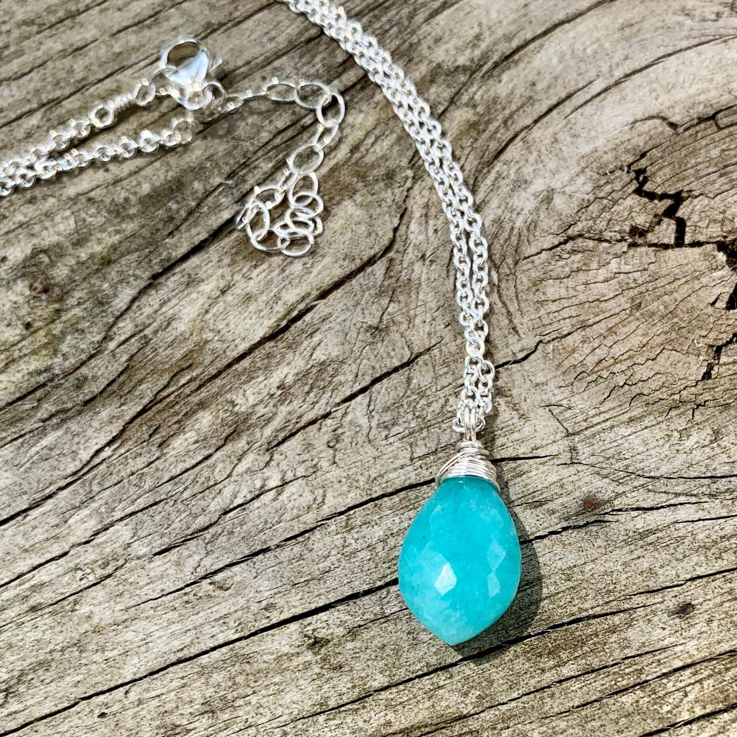 Amazonite bright teal gemstone pendant on sterling silver