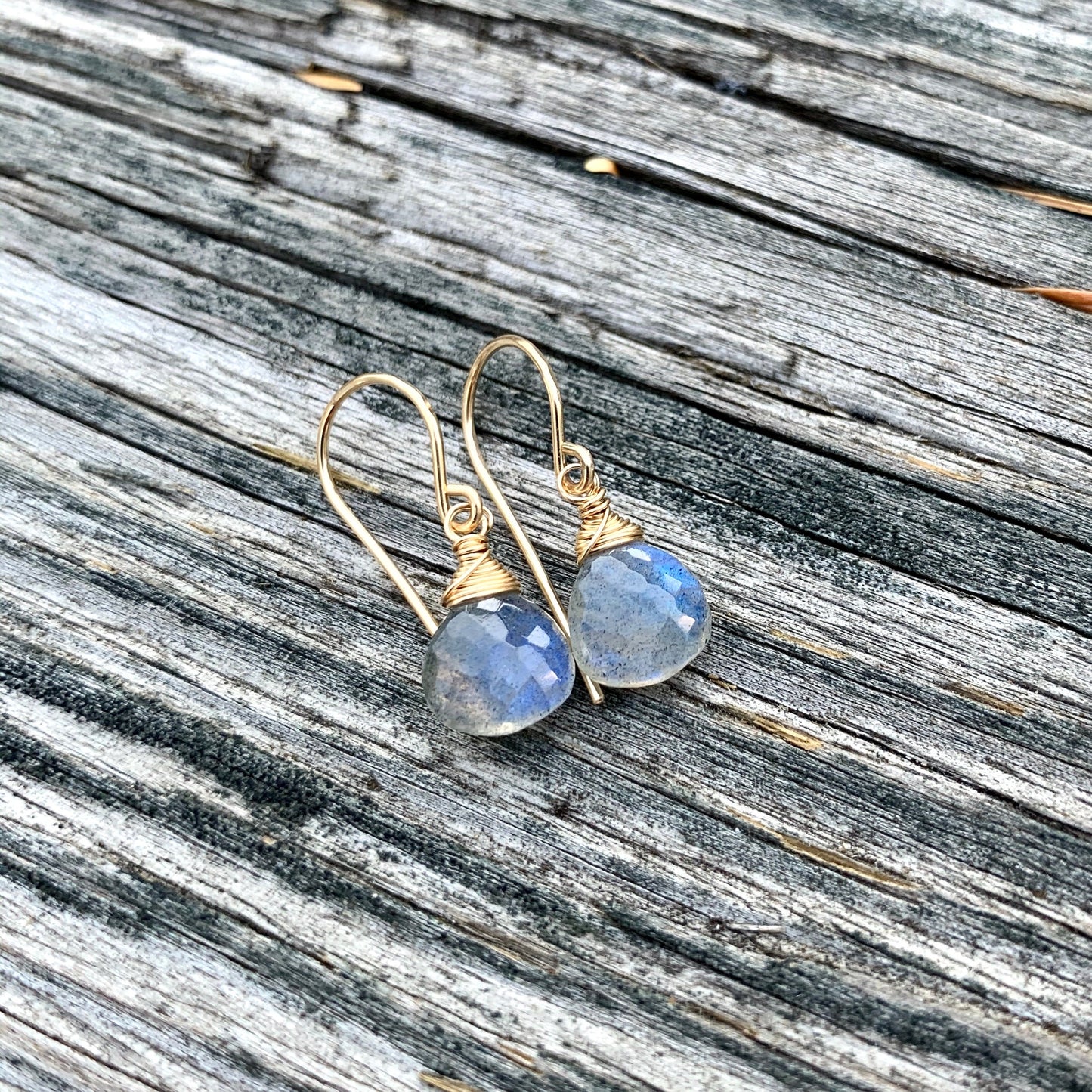 Dainty Labradorite Heart Earrings in Gold Fill
