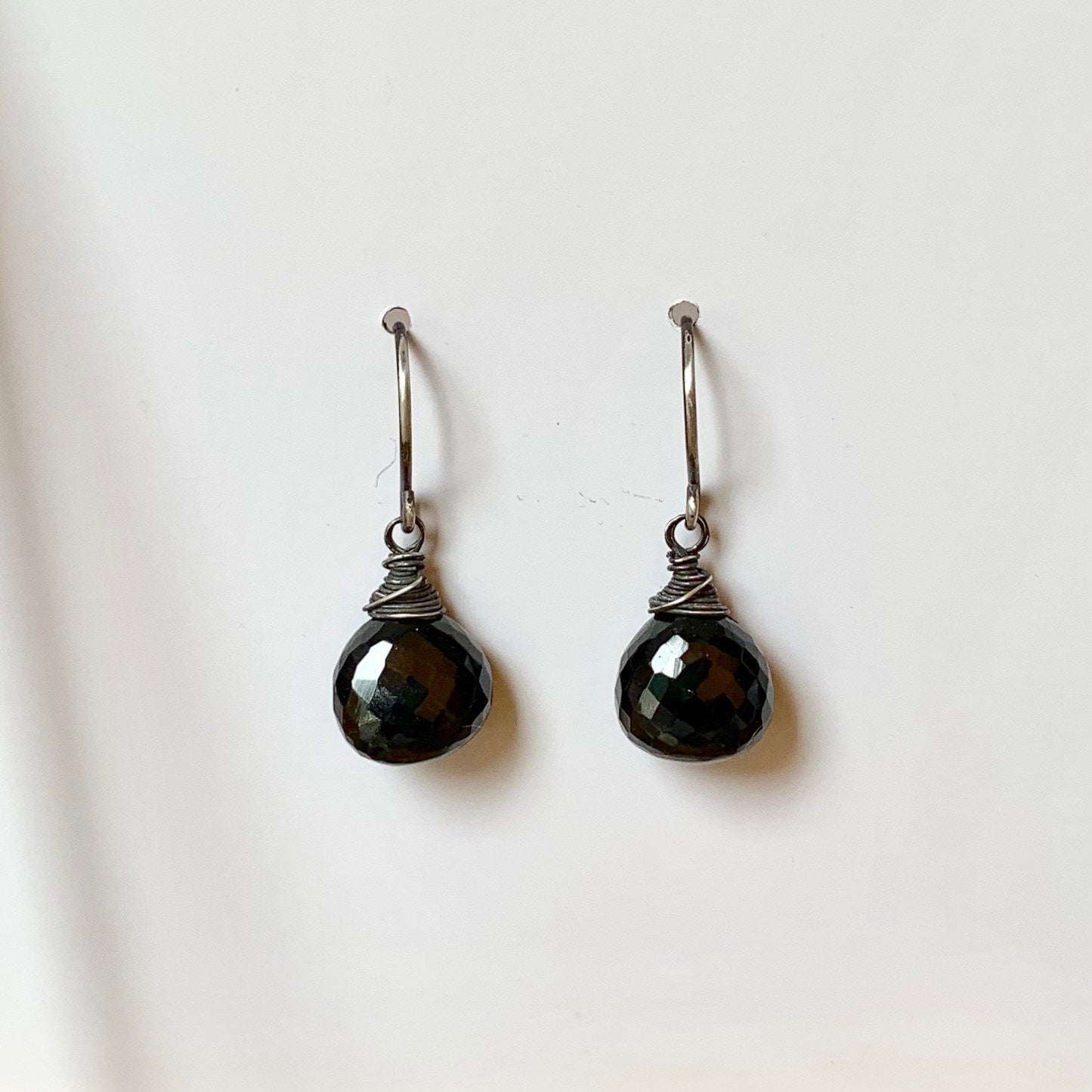 Black spinel earrings with blackened sterling wrapped wire