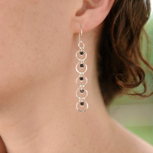 Handcrafted Sterling Silver 5-Tier Geometric Dangle Earrings with Black Spinel