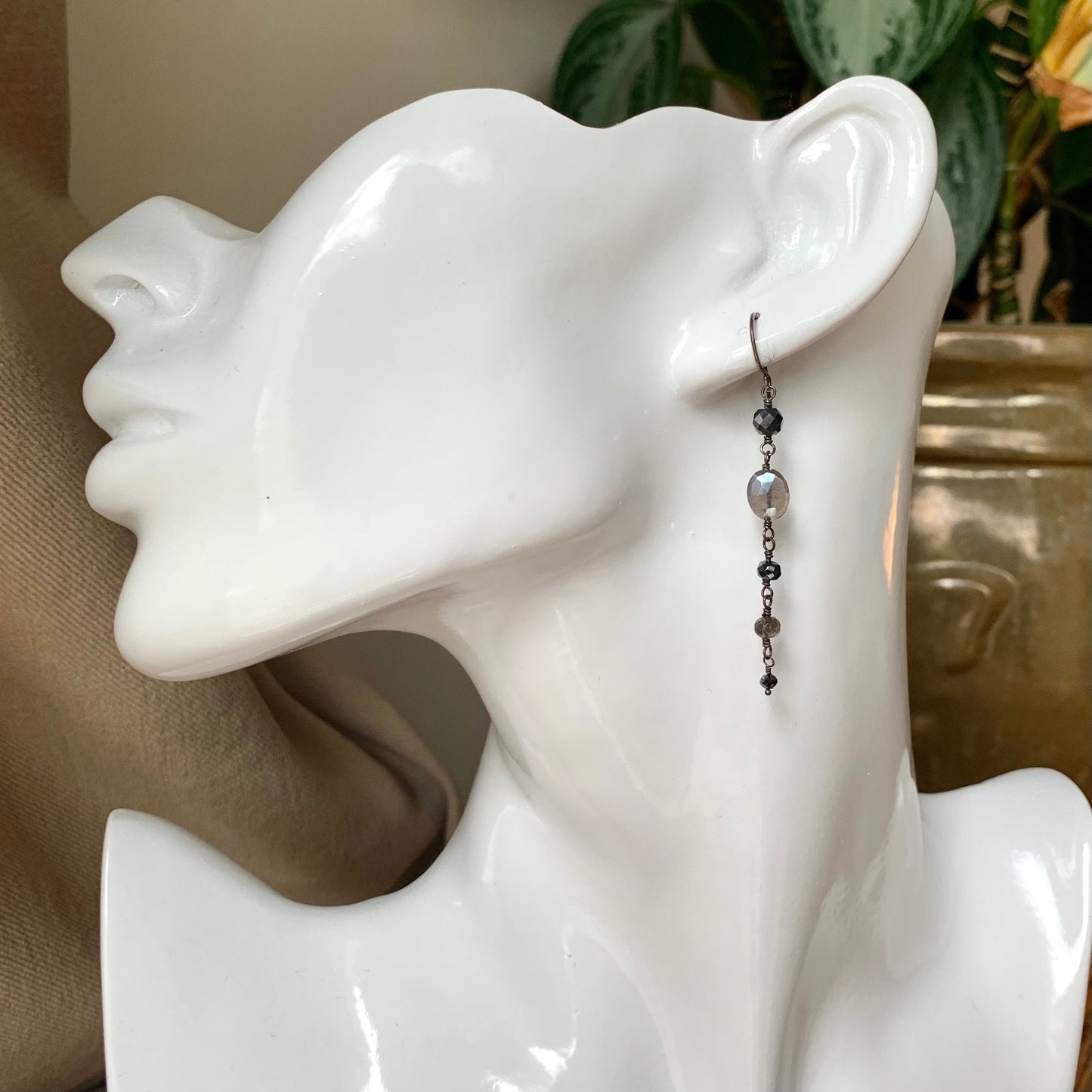Shimmery Grey Moonstone & Black Diamond Drops