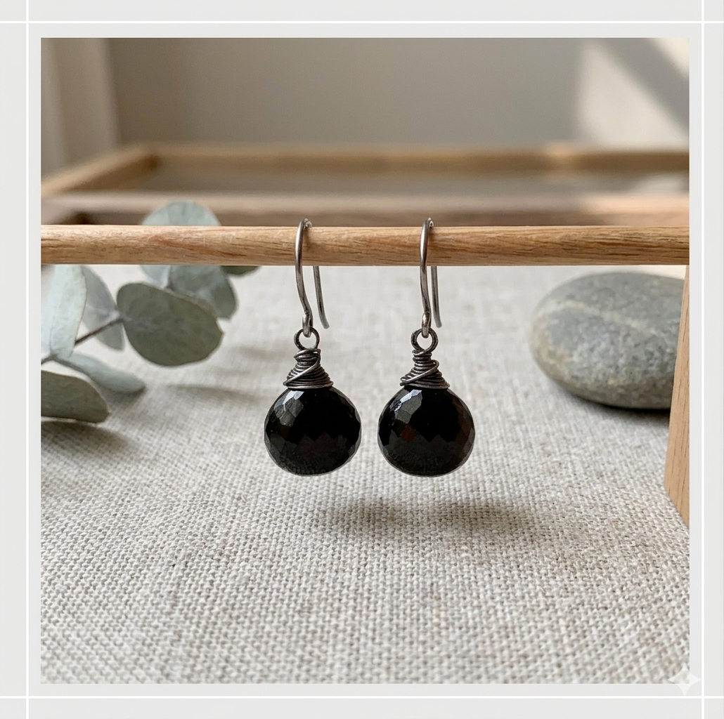 Black spinel earrings with blackened sterling wrapped wire