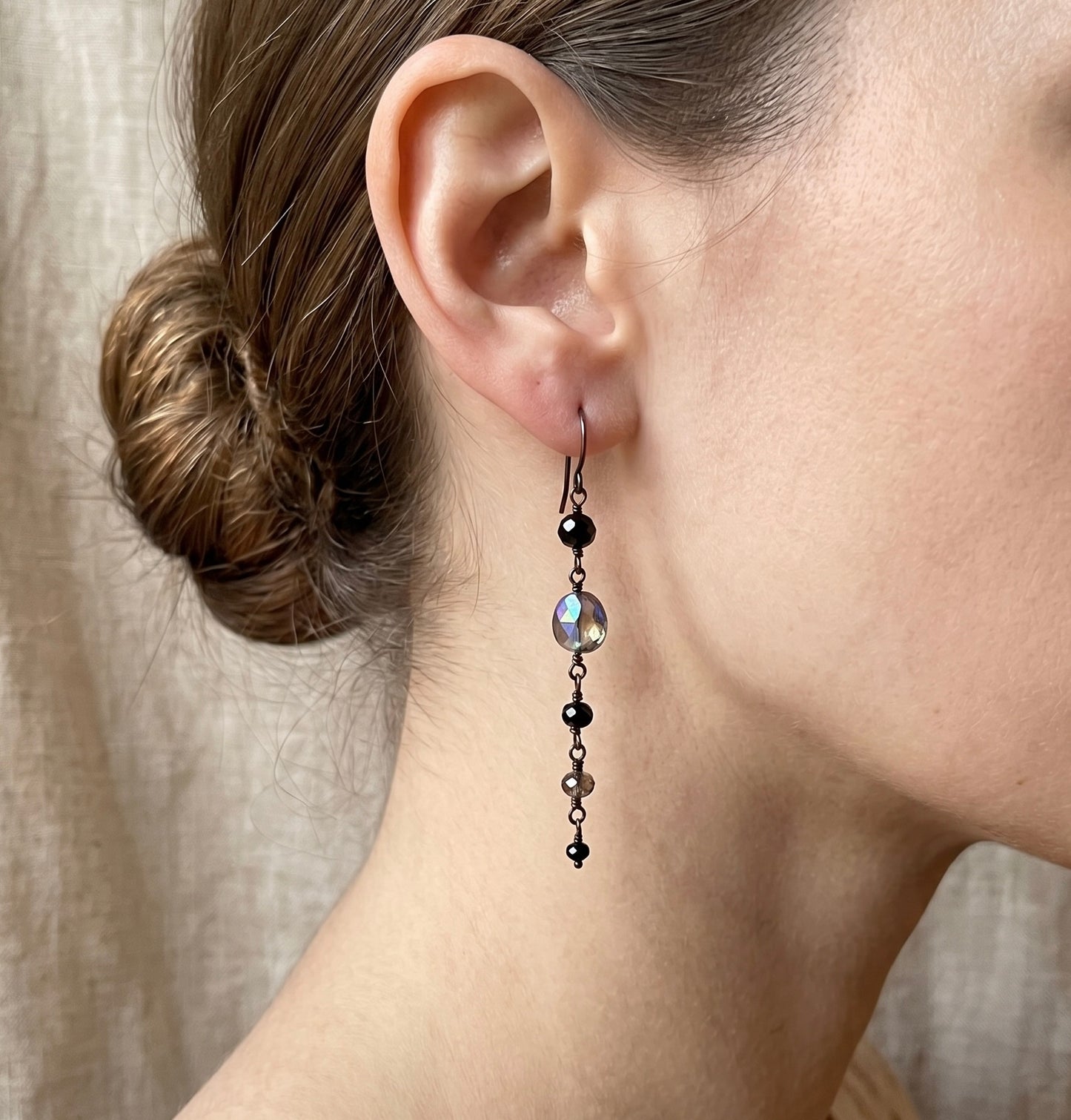 Shimmery Grey Moonstone & Black Diamond Drops