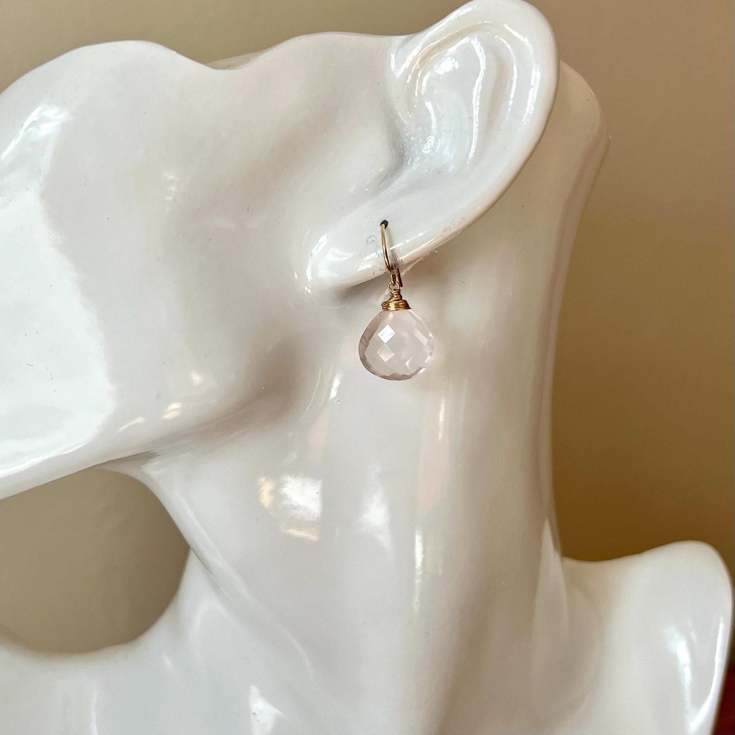 Large rose quartz briolettes on 14K gold-filled lever-back ear wires