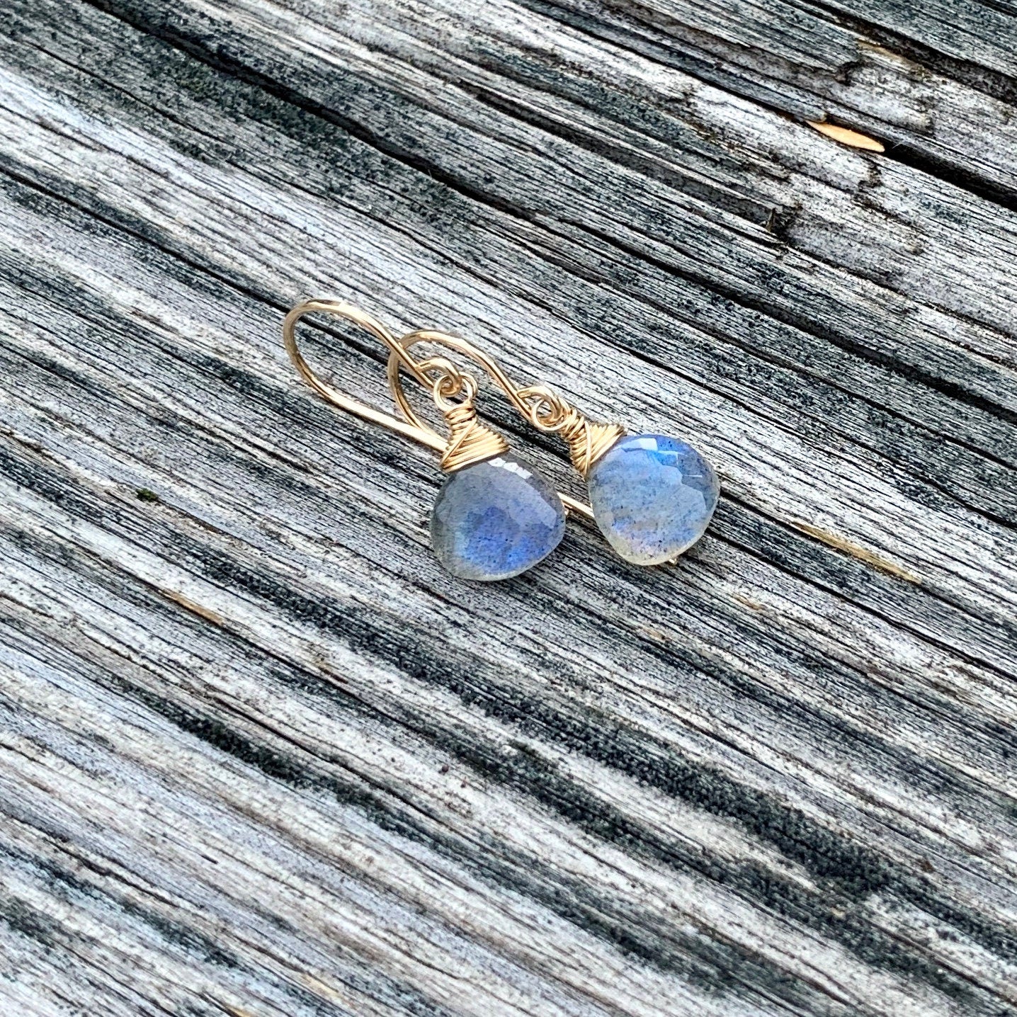 Dainty Labradorite Heart Earrings in Gold Fill