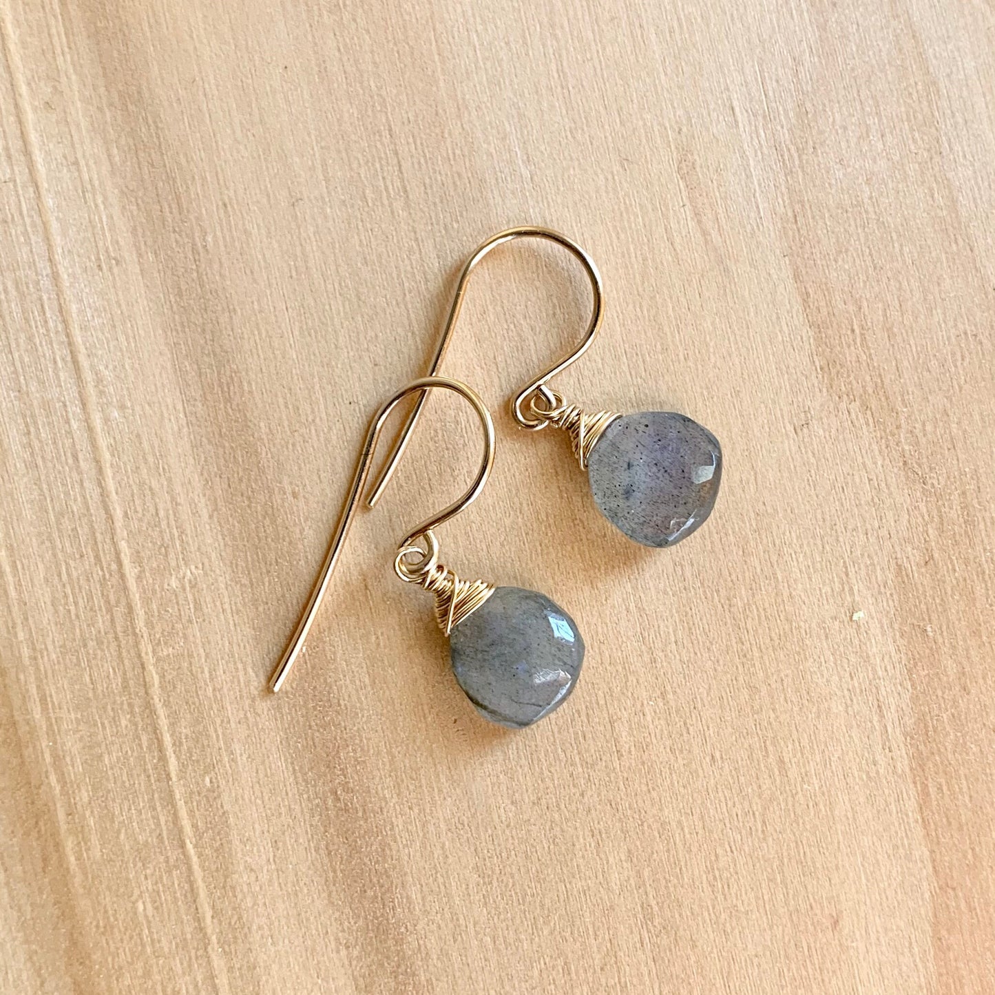 Dainty Labradorite Heart Earrings in Gold Fill