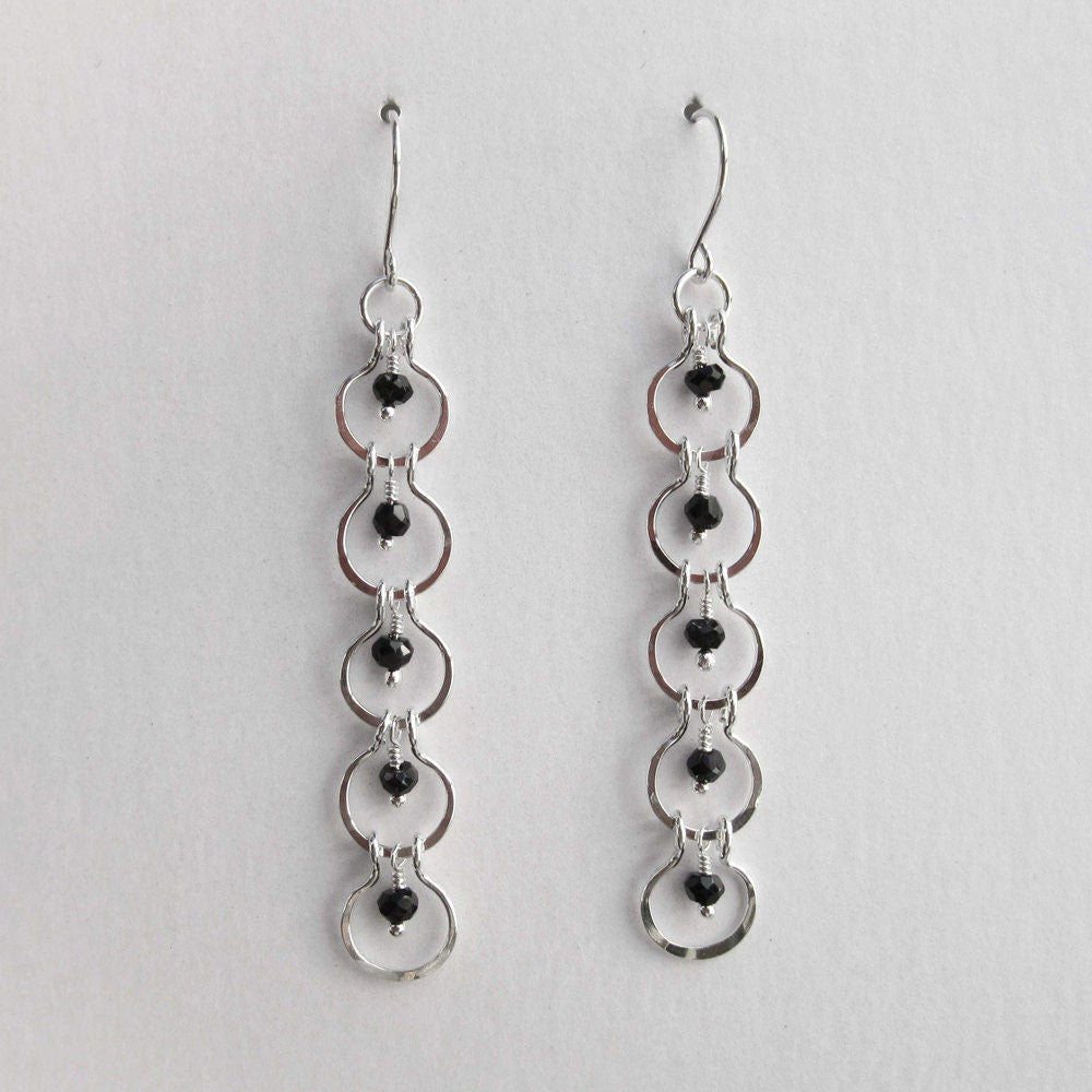 Handcrafted Sterling Silver 5-Tier Geometric Dangle Earrings with Black Spinel