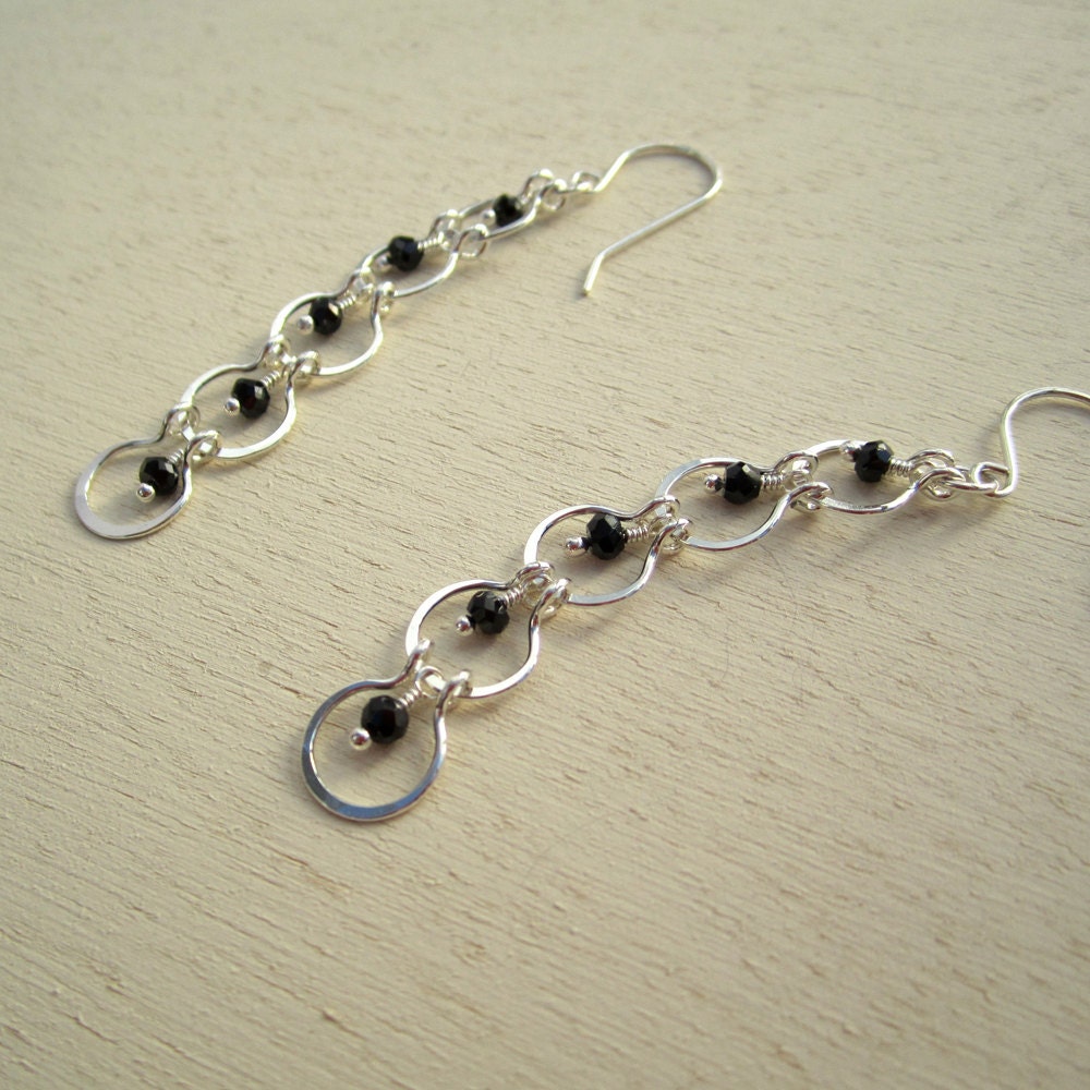 Handcrafted Sterling Silver 5-Tier Geometric Dangle Earrings with Black Spinel